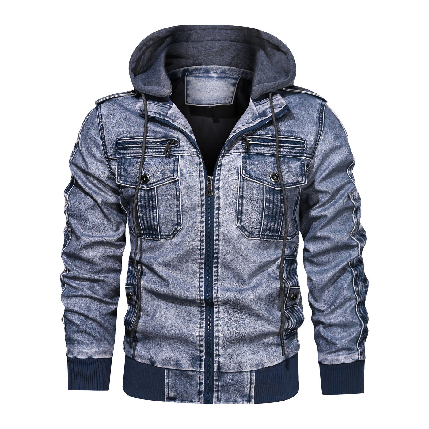 Men’s Faux Leather Jacket - Zip-Up with Hood - Ribbed Cuffs - Chest Pocket Detail