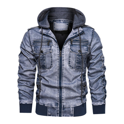 Men’s Faux Leather Jacket - Zip-Up with Hood - Ribbed Cuffs - Chest Pocket Detail