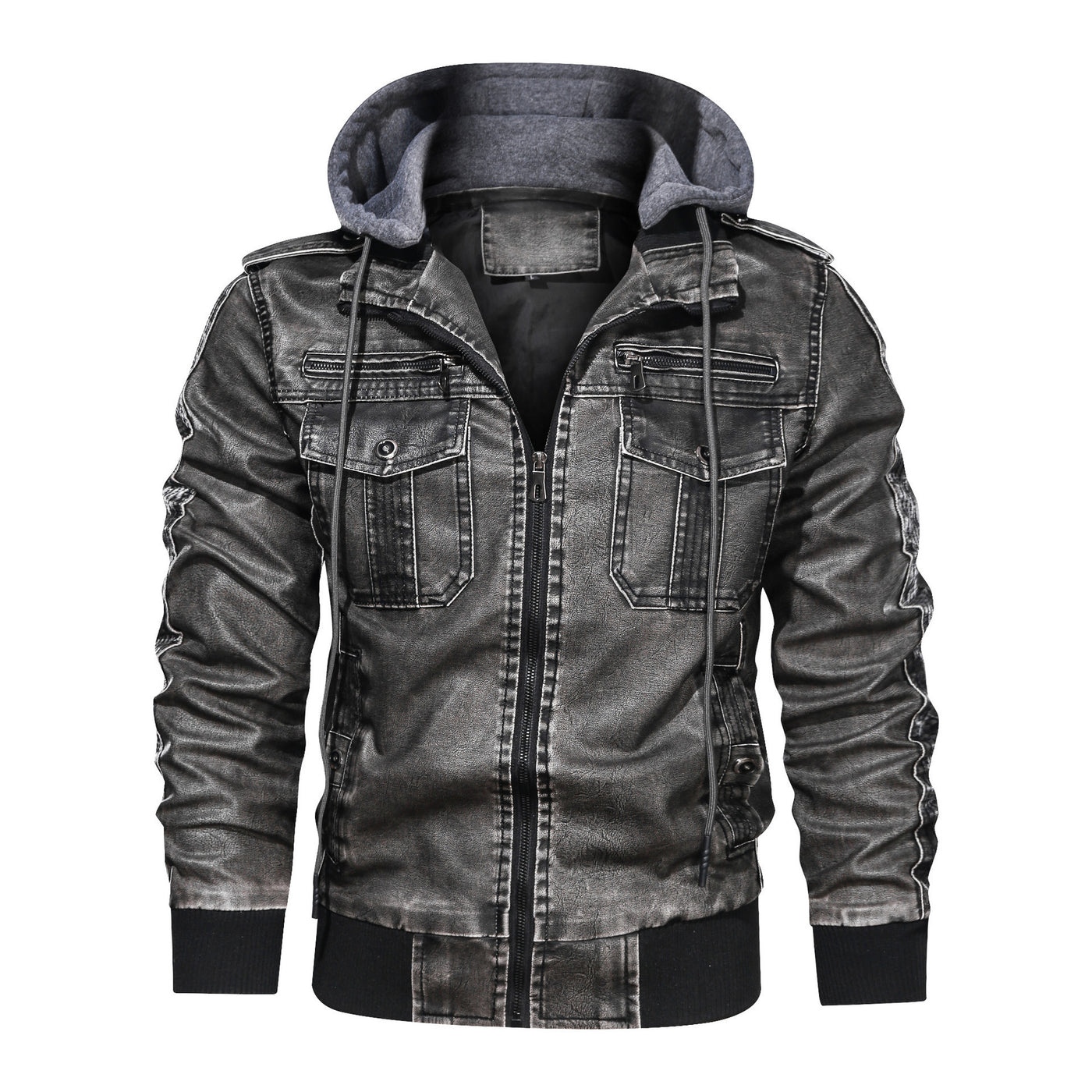 Men’s Faux Leather Jacket - Zip-Up with Hood - Ribbed Cuffs - Chest Pocket Detail