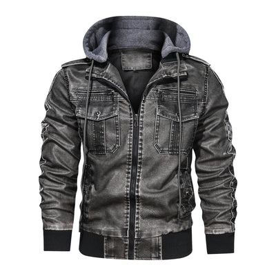 Men’s Faux Leather Jacket - Zip-Up with Hood - Ribbed Cuffs - Chest Pocket Detail