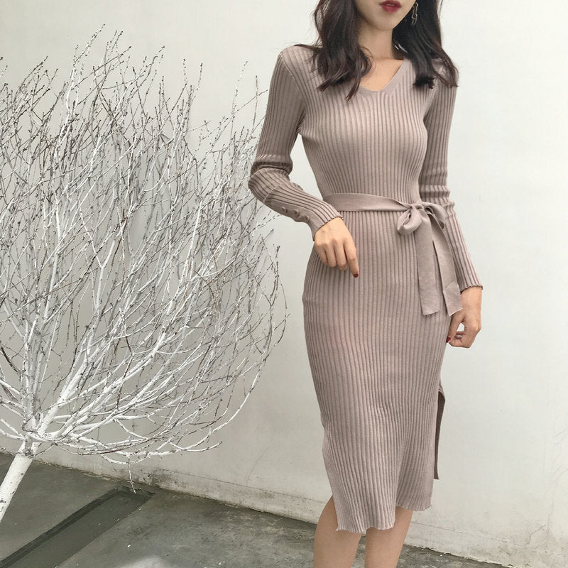 Women's Knit Dress - Ribbed Bodycon Fit - V-Neck - Long Sleeve - Midi Length - Belted