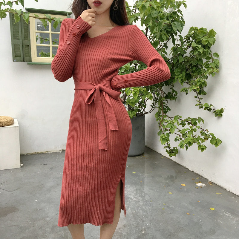 Women's Knit Dress - Ribbed Bodycon Fit - V-Neck - Long Sleeve - Midi Length - Belted