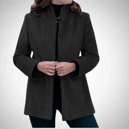 Women’s Tailored Coat – Wool Blend – Structured Fit – Stand Collar – Hip Length