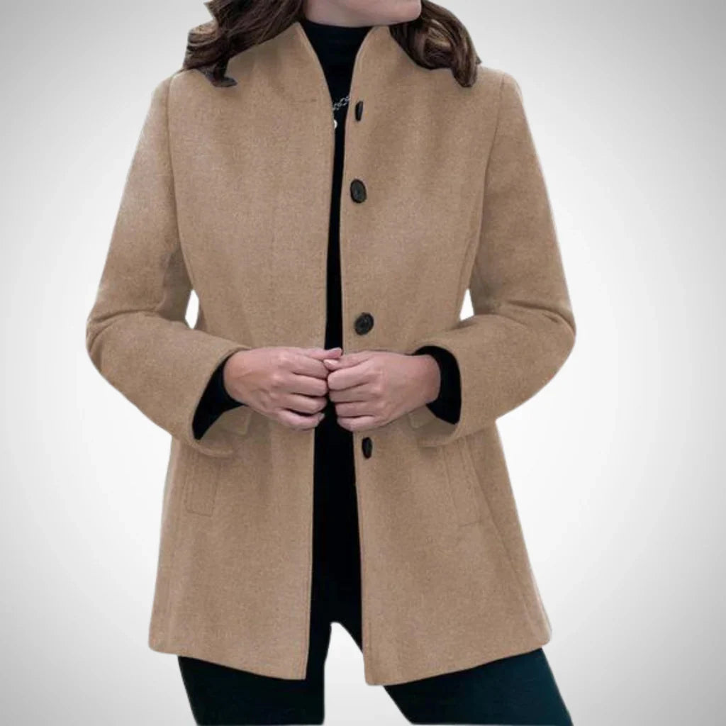 Women’s Tailored Coat – Wool Blend – Structured Fit – Stand Collar – Hip Length
