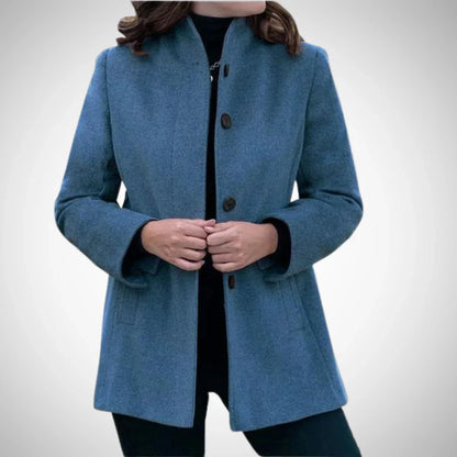 Women’s Tailored Coat – Wool Blend – Structured Fit – Stand Collar – Hip Length