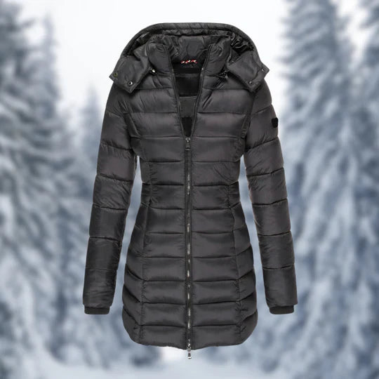 Women's mid-length winter coat with detachable hood