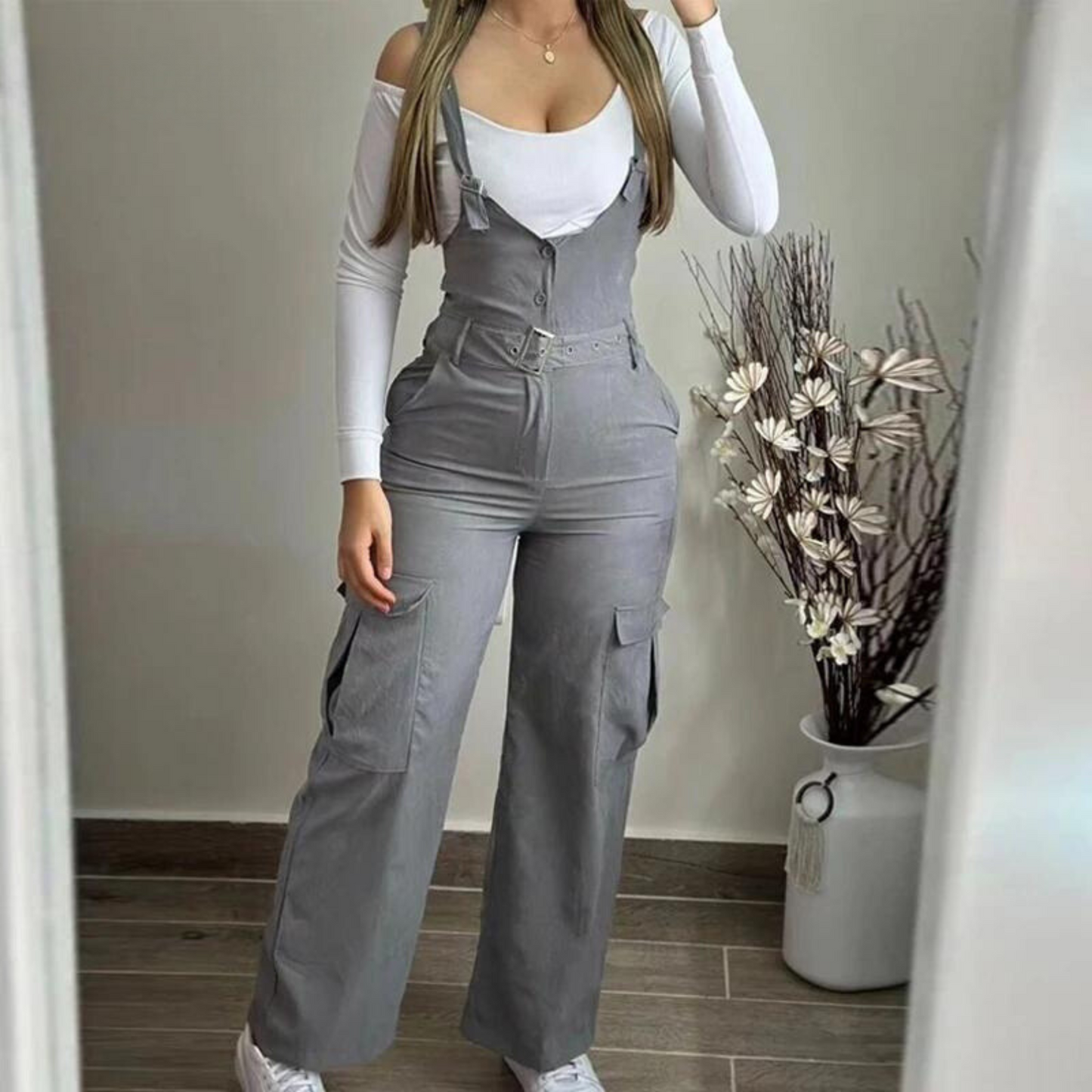 Women's Wide-Leg Overalls - Adjustable Straps - Cargo Pockets - Belted Waist