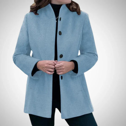 Women’s Tailored Coat – Wool Blend – Structured Fit – Stand Collar – Hip Length