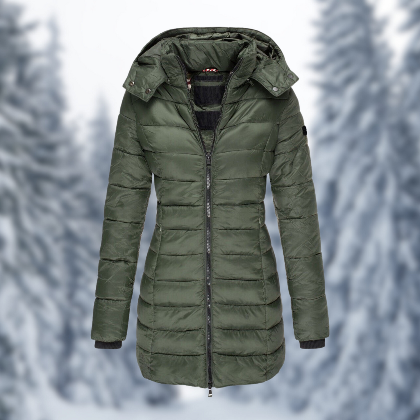 Women's mid-length winter coat with detachable hood