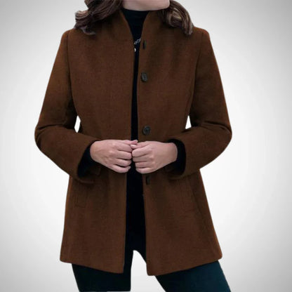 Women’s Tailored Coat – Wool Blend – Structured Fit – Stand Collar – Hip Length