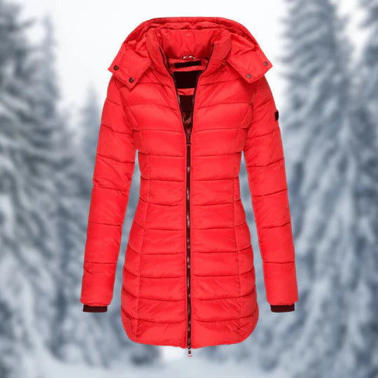 Women's mid-length winter coat with detachable hood