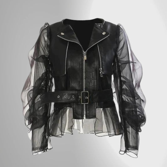 Women’s Leather Jacket – Tailored Fit – Sheer Puff Sleeves – Belted Waist – Zip Front