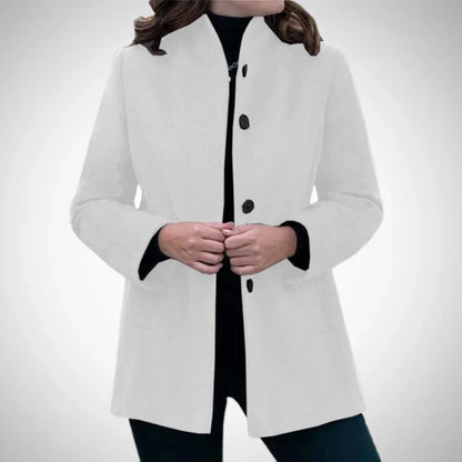 Women’s Tailored Coat – Wool Blend – Structured Fit – Stand Collar – Hip Length