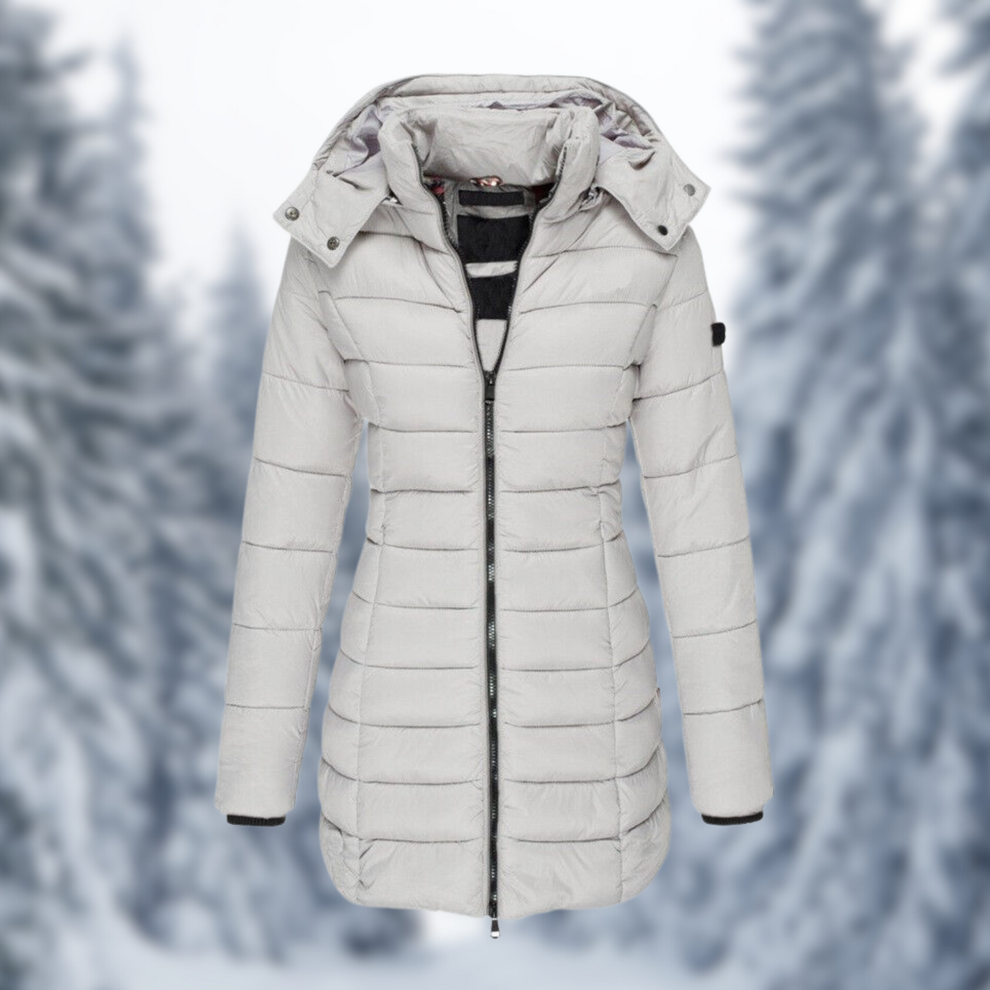 Women's mid-length winter coat with detachable hood