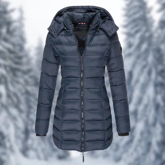 Women's mid-length winter coat with detachable hood