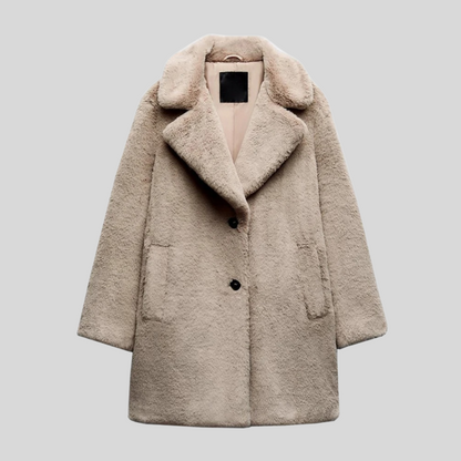 Women’s Full Length Coat – Oversized Fit – Plush Faux Fur – Wide Lapel – Button Front
