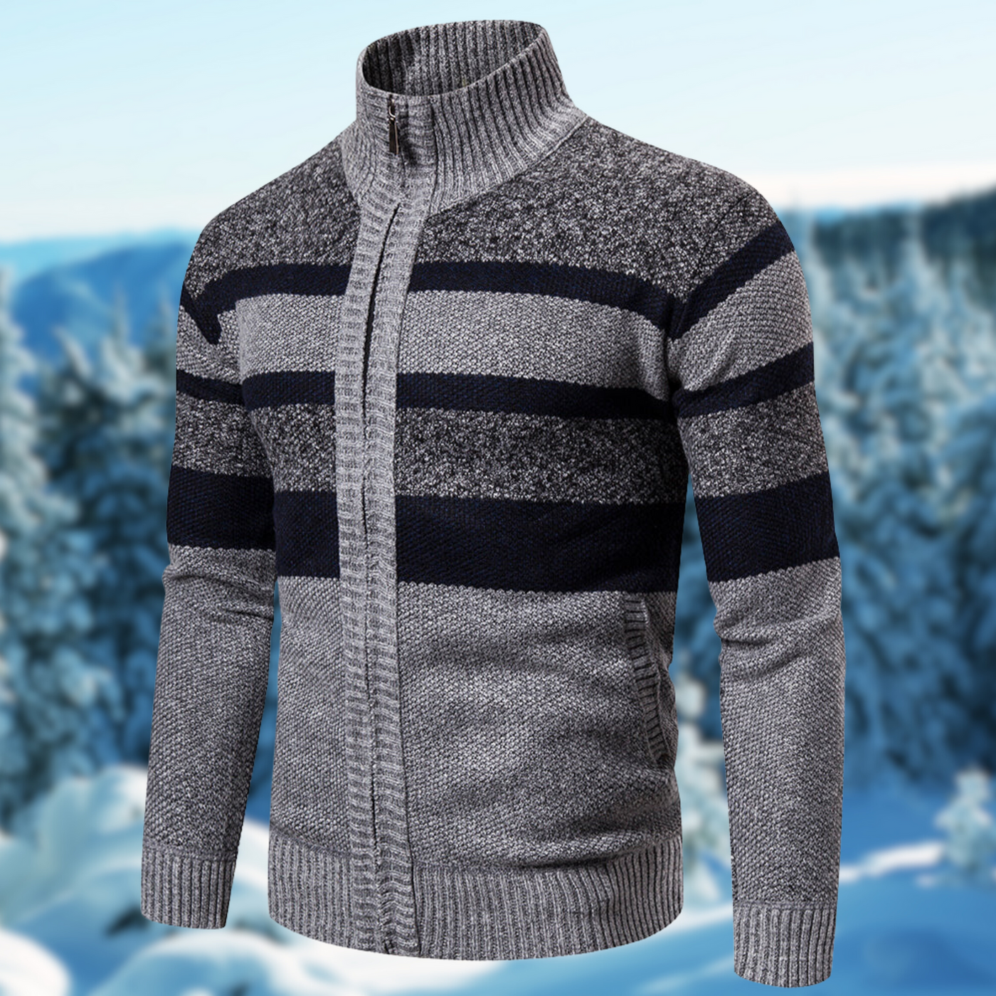 Men’s Knit Jacket – Regular Fit – Ribbed Mock Neck – Full Zip – Textured Wool Blend