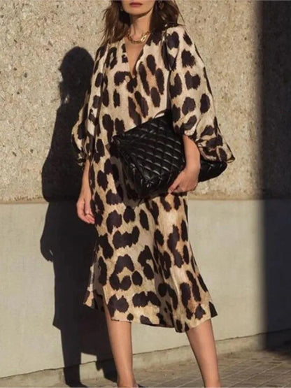 Women’s Midi Dress – Relaxed Fit – V-Neck – Balloon Sleeve – Bold Abstract Print – Breathable Blend