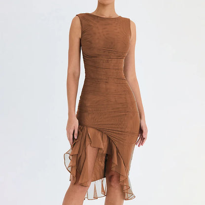 Women's Bodycon Midi Dress - Sleeveless High Neck - Asymmetrical Ruffle Hem