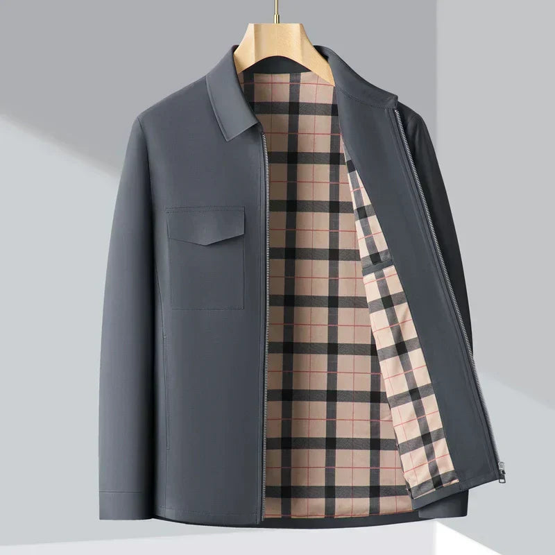 Men’s Jacket – Structured Fit – Collared – Plaid Lining – Hip Length – Casual Style