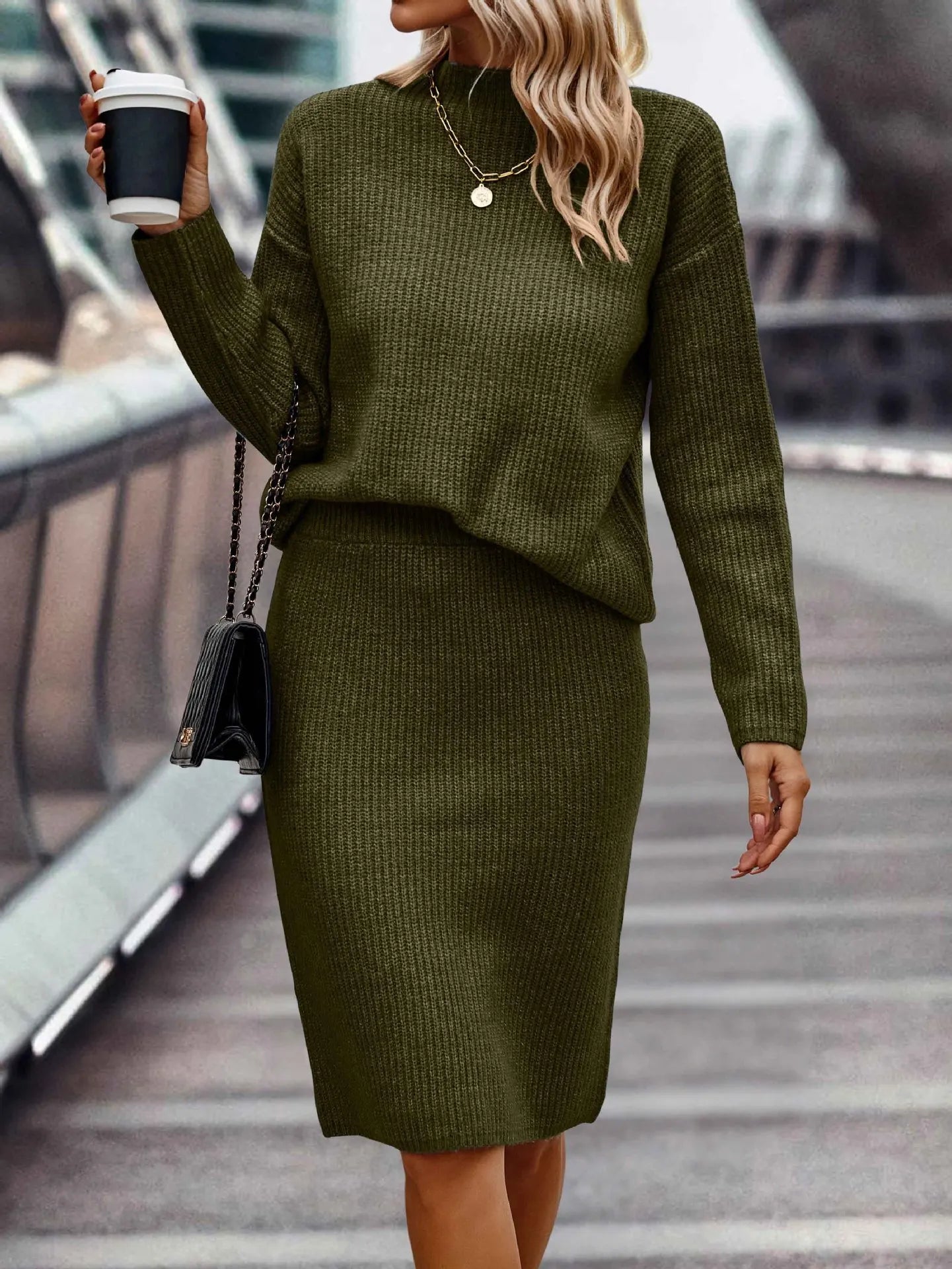 Women's Knitted Sweater and Skirt Set - High Neck - Long Sleeve - Fitted Pencil Skirt