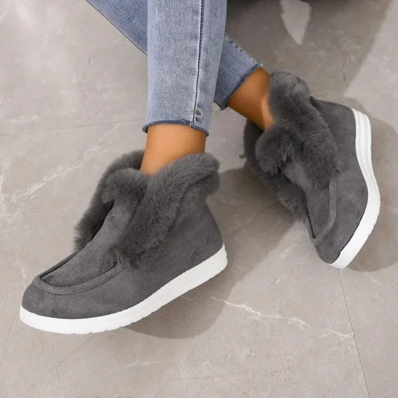 Women’s Slip-On Booties – Plush Trim – Suede-Look Upper – Ankle Length Cozy Fit