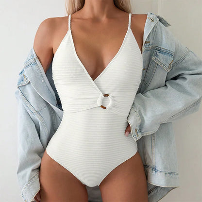 Women’s One-Piece Swimsuit – Slim Fit – Deep V-Neck – Ribbed Stretch – Cut-Out Detail