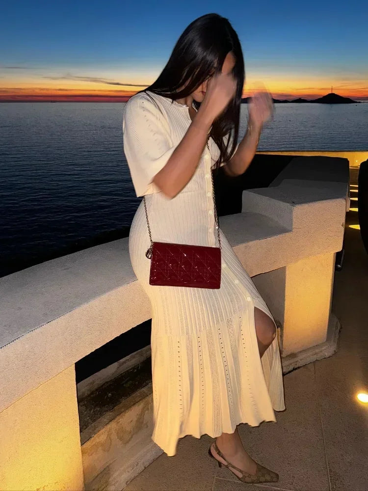 Women's Knit Dress - Ribbed Texture - Short Sleeve - Round Neck - Button Front - Form-Fitting