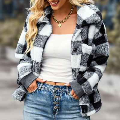 Women's Sherpa Fleece Jacket - Checkered Pattern - Button Front - Relaxed Fit