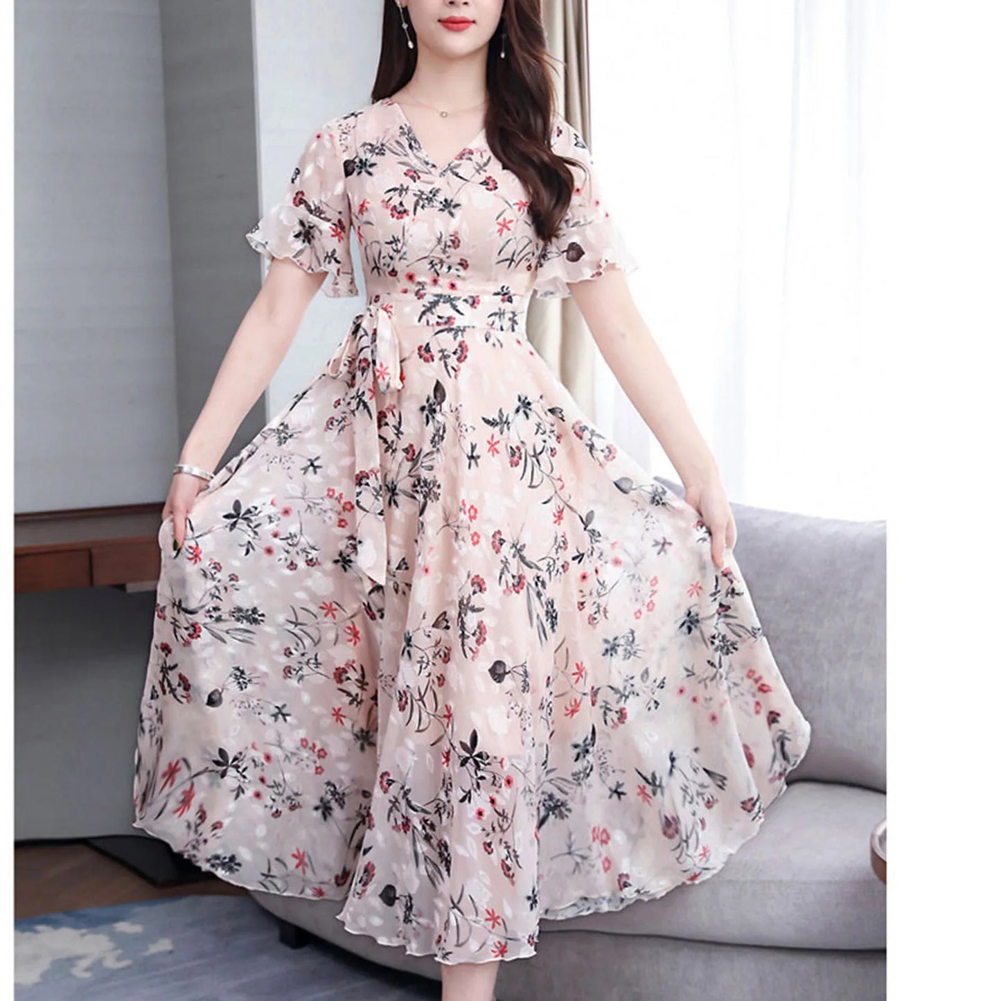 Women's Maxi Dress - Floral Print - V-Neck - Puff Sleeves - Fitted Waist Flowy Silhouette