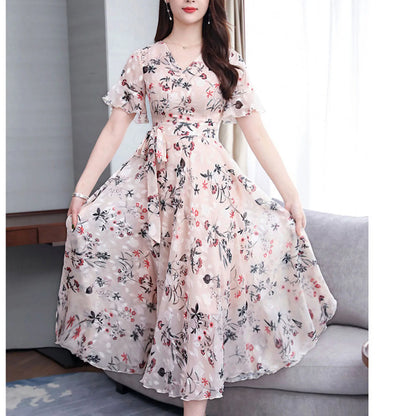 Women's Maxi Dress - Floral Print - V-Neck - Puff Sleeves - Fitted Waist Flowy Silhouette