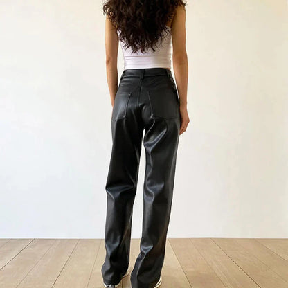 High waist straight leg vintage leather pants for women