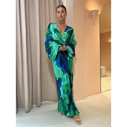 Women's Pleated Maxi Dress - Deep V-Neck - Cinched Waist - High Slit Elegant Fit