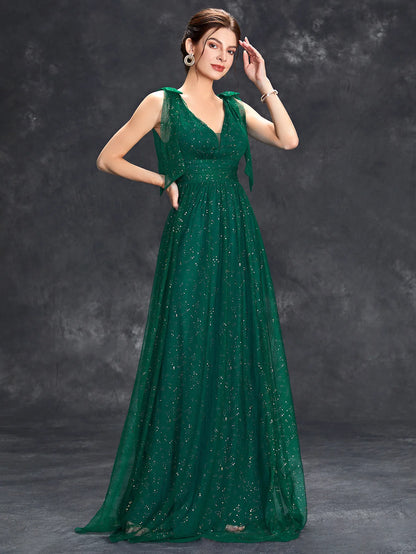 Women's Evening Prom Gown - V-Neck Sleeveless - Glitter Embellished - Floor-Length Elegant Dress