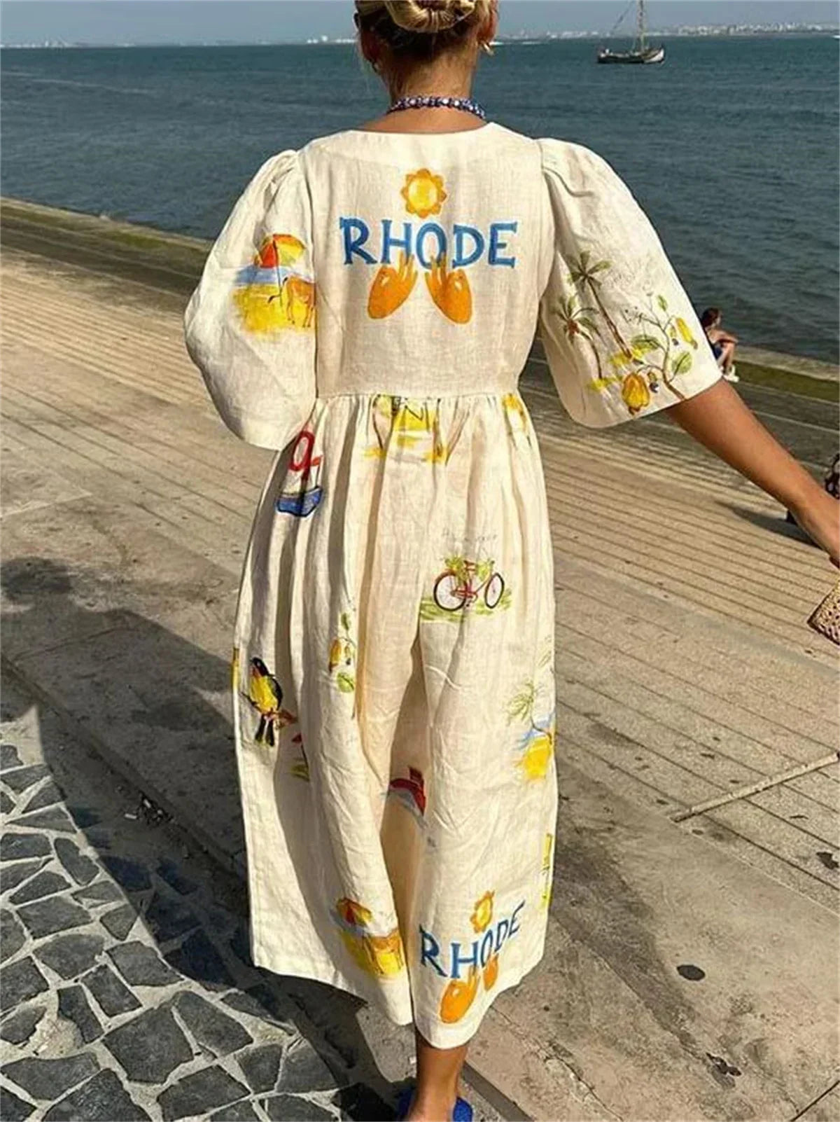 Women's Midi Dress - Relaxed Fit - V-Neck - Long Sleeve Boho Printed Casual Wear