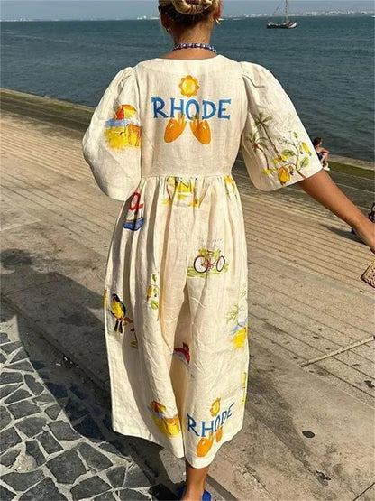 Women's Midi Dress - Relaxed Fit - V-Neck - Long Sleeve Boho Printed Casual Wear