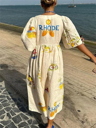 Women's Midi Dress - Relaxed Fit - V-Neck - Long Sleeve Boho Printed Casual Wear
