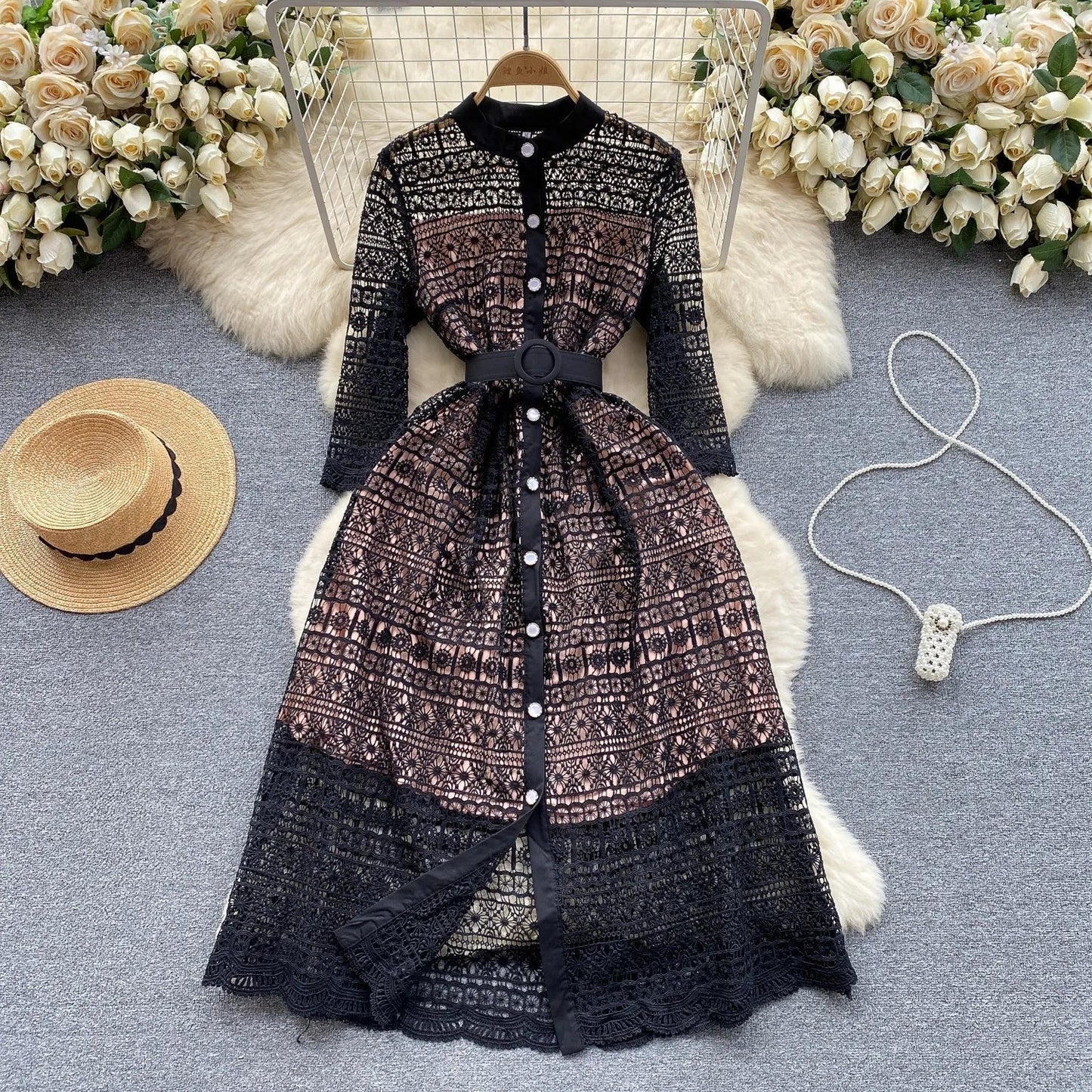 Women's Lace Shirt Dress - Button Up - Three-Quarter Sleeve - Belted Waist - Scalloped Hem