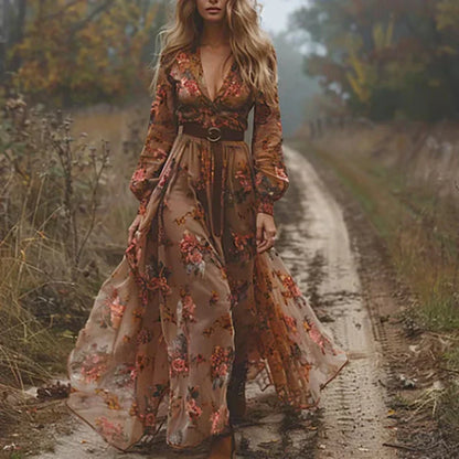 Women’s Maxi Dress – Boho Floral Print – Flowing Fit – Long Sleeve – Tiered Skirt