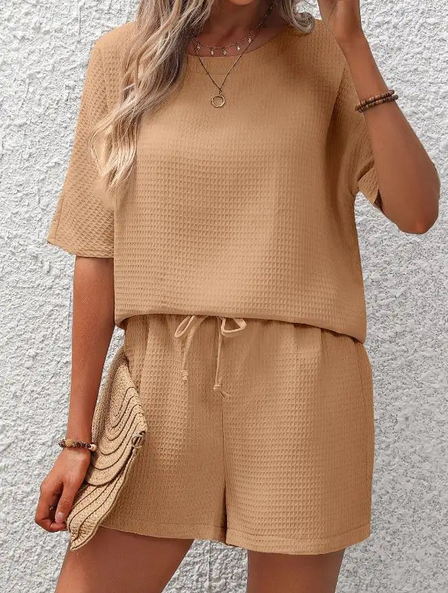 Women's Lounge Set - Relaxed Fit - Short Sleeve Top & Elastic Waist Shorts