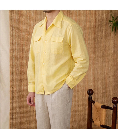 Men’s Linen Shirt – Relaxed Fit – Button-Up – Long Sleeve – Two Chest Pockets