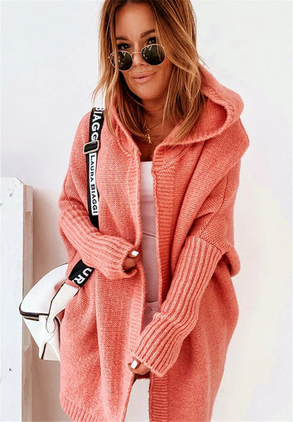 Women’s Cardigan – Oversized Fit – Knitted Wool Blend – Hooded Open Front Layering