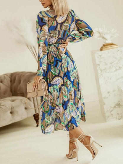 Women's Midi Dress - Relaxed Fit - Long Sleeve - Tie Waist - Abstract Leaf Print