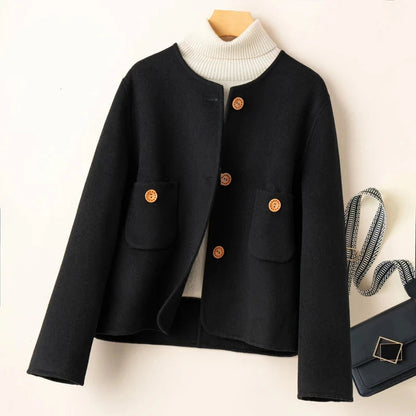 Women’s Cropped Jacket – Wool Blend – Relaxed Fit – Collarless – Button Detail – Pockets