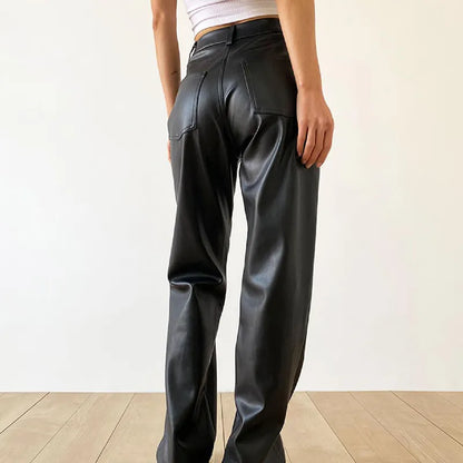 High waist straight leg vintage leather pants for women