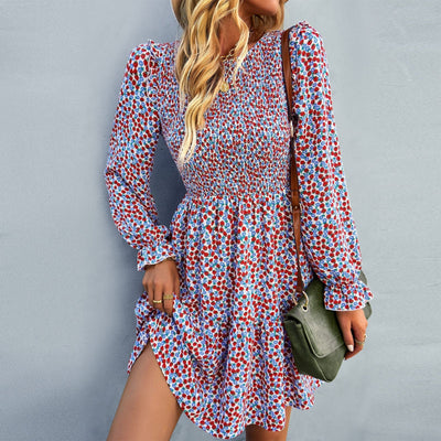 Women's Floral Mini Dress - A-Line Silhouette - Smocked Waist - Long Sleeve Round Neck