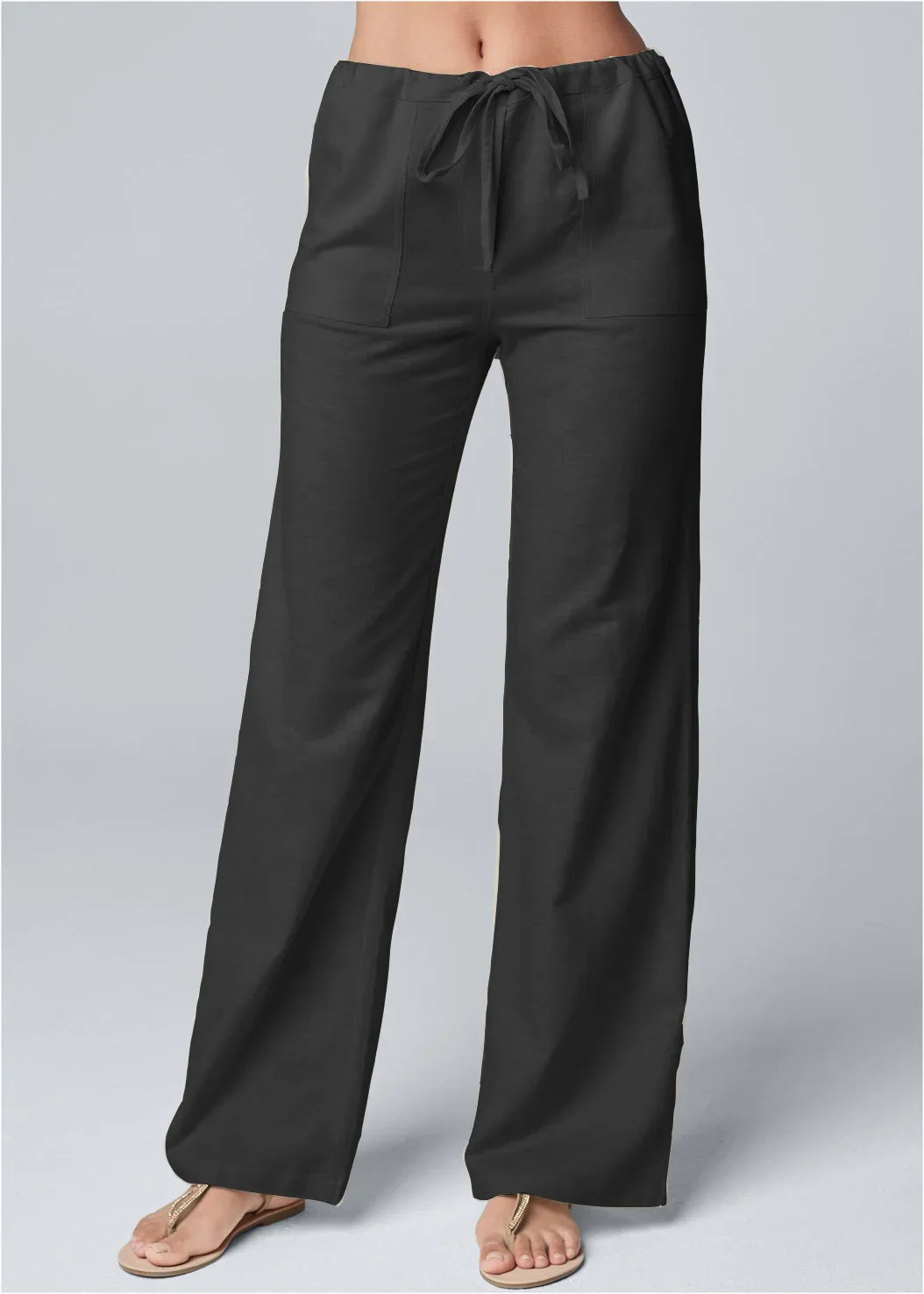 Women’s Wide-Leg Trousers – Cotton Linen Blend – High Waist – Drawstring Waistband