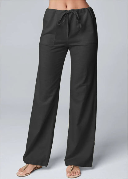 Women’s Wide-Leg Trousers – Cotton Linen Blend – High Waist – Drawstring Waistband