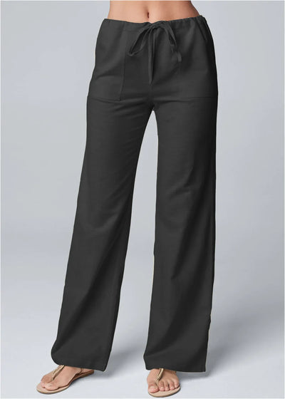 Women’s Wide-Leg Trousers – Cotton Linen Blend – High Waist – Drawstring Waistband