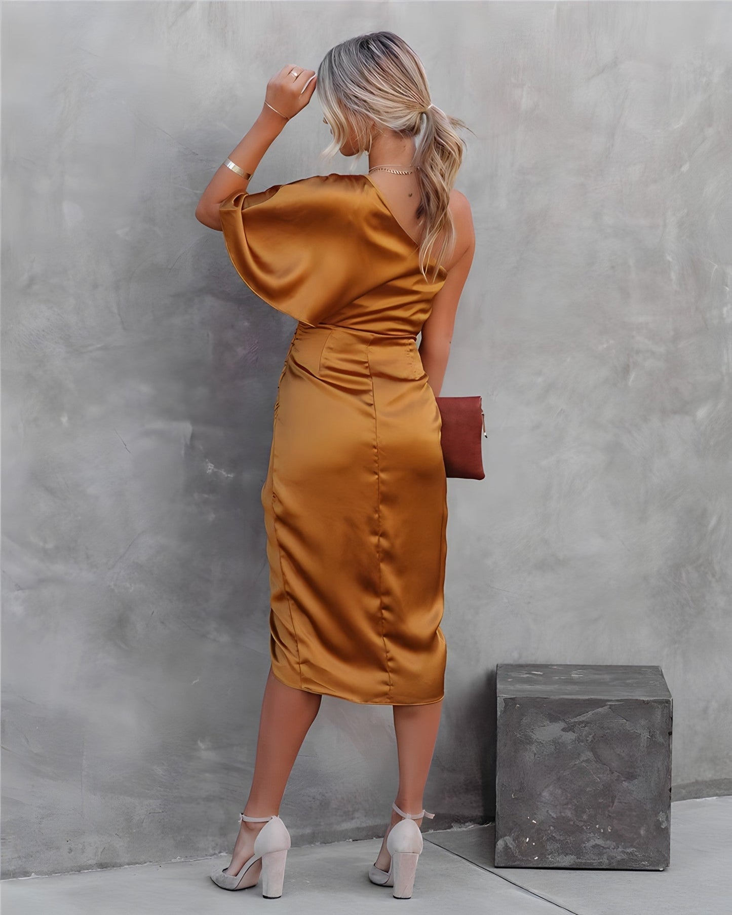 Women's One-Shoulder Satin Dress - Draped Waist - Form-Fitting Elegant Wear